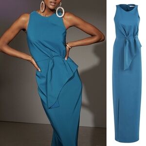 NEW Kay Unger Megan Sleeveless Draped Detail Column Gown in Baltic Blue